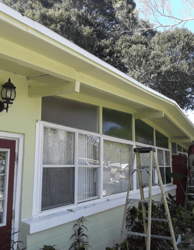 A house with a green roof and white siding.