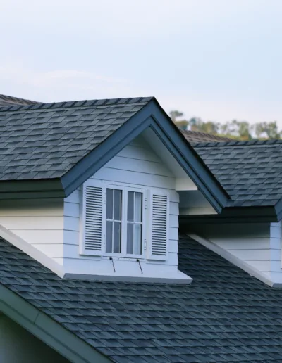 A black shingled roof with white windows.